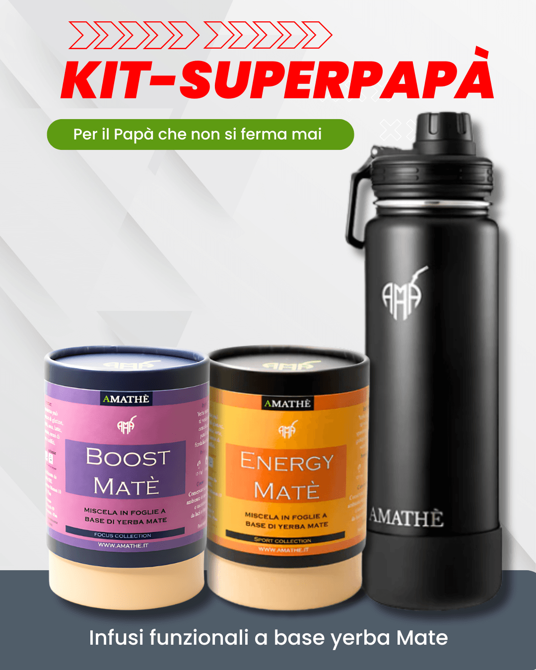 Kit regalo per papà attivi con infusi funzionali e bottiglia, perfetto per il papà che non si ferma mai.